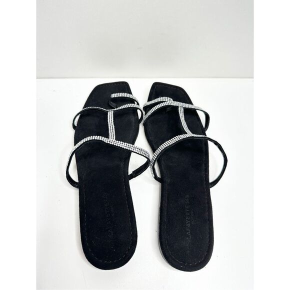 Lafayette 148 New York Sandals Size 7.5US Black Leather Rhinestone Slip‎ On Shoe - Picture 4 of 10